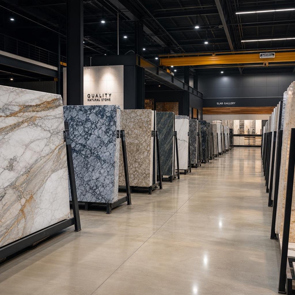 Commercial volume stone slab bundles staged for a Texas construction project