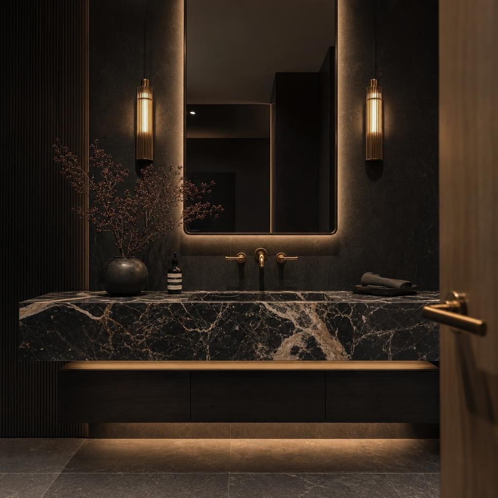 Floating master vanity fabricated from Nero Marquina marble
