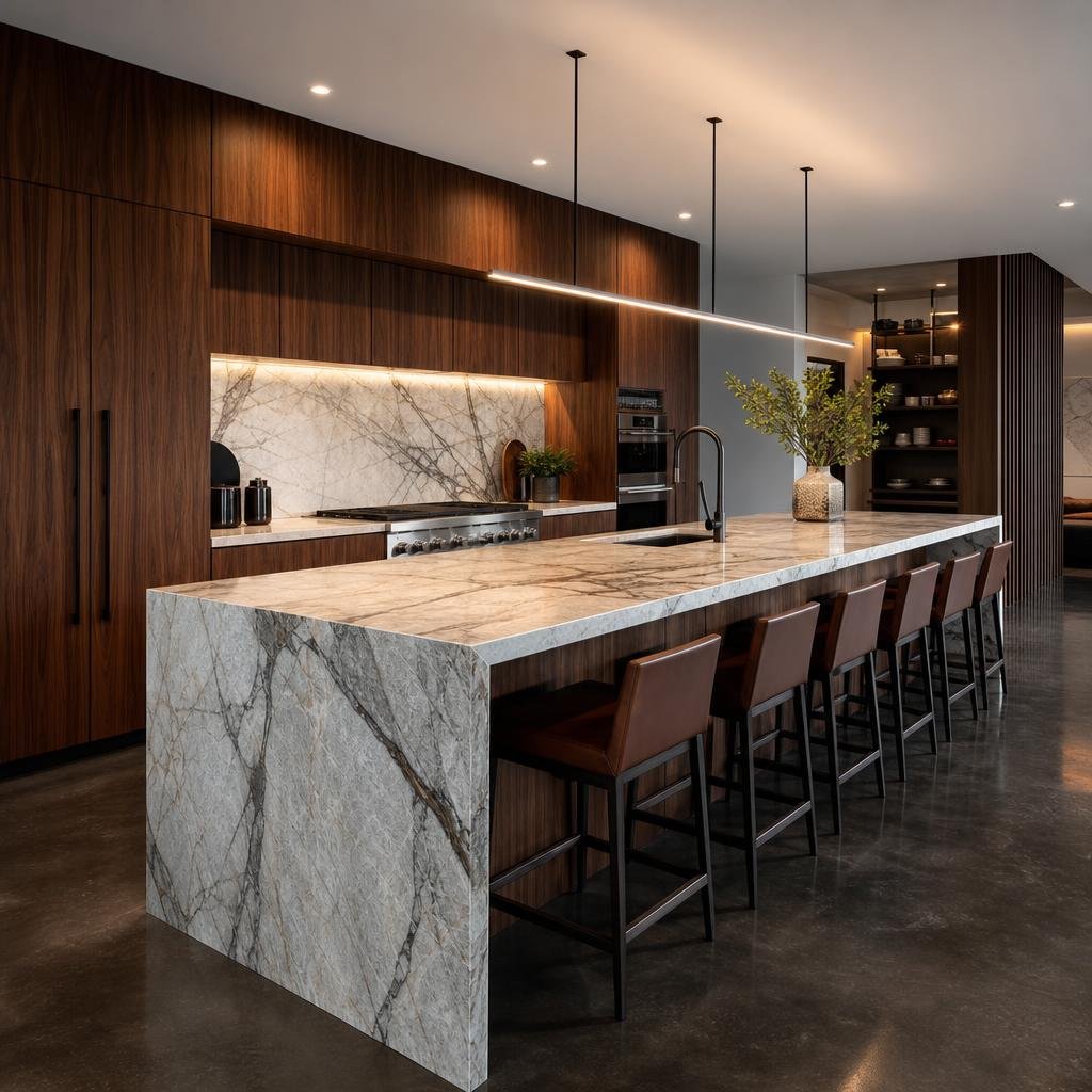 Kitchen island fabricated from Taj Mahal quartzite