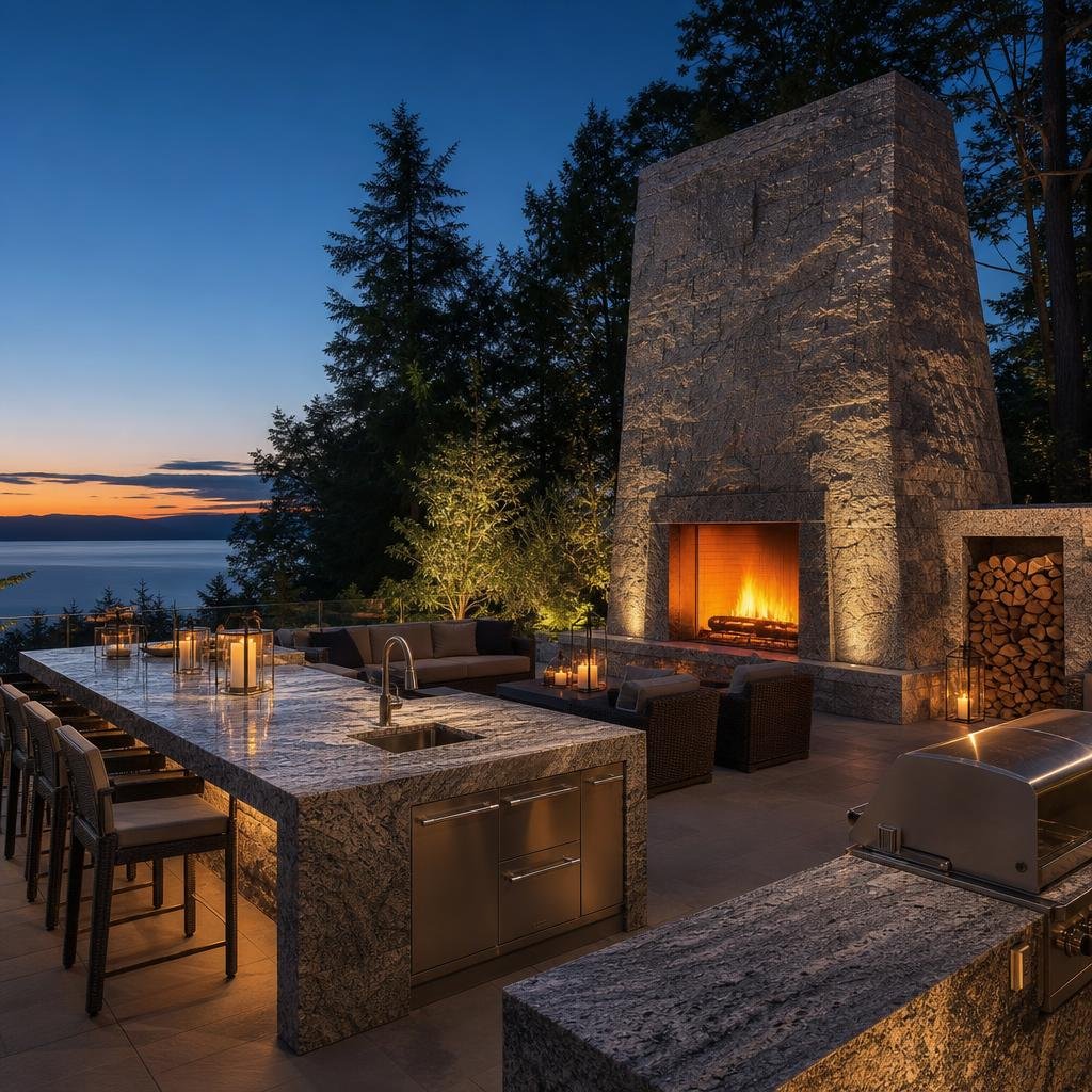 Outdoor kitchen built with leathered Absolute Black granite